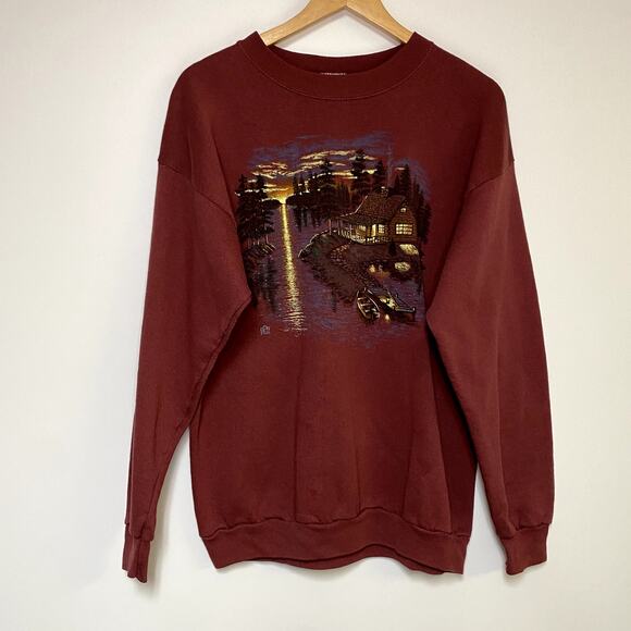 Vintage Cabin Sweatshirt 90s Lakehouse Lake Sweater Red Vtg - Picture 1 of 2